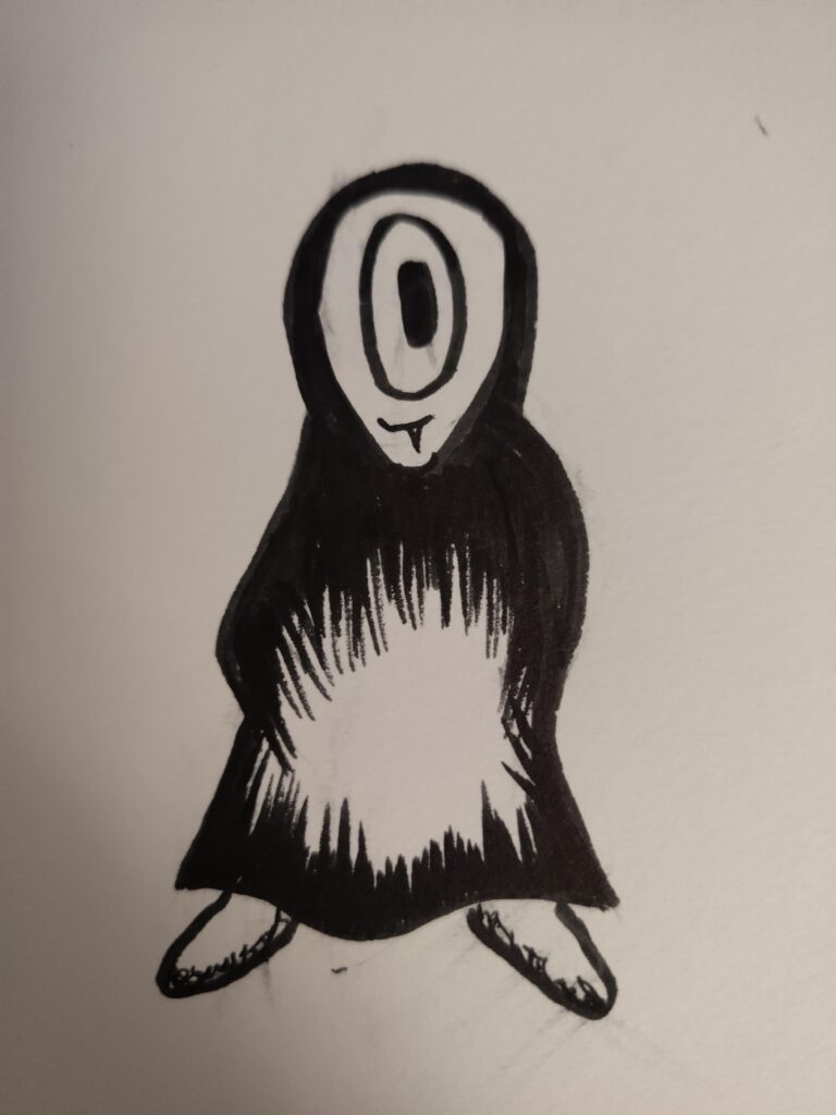 A photo of a an ink sketch of a one-eyed robed figure